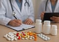 Dos médicos en batas blancas, uno escribiendo en una hoja y el otro sosteniendo una tablet, rodeados de frascos de medicamentos y tabletas sobre una mesa.