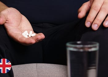 Man sitting holding white pills in one hand, with a glass of water nearby.