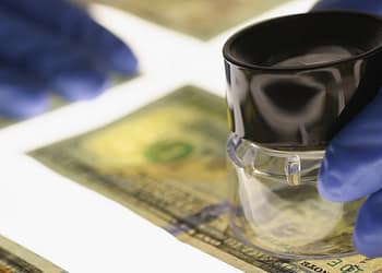 The action of examining dollar bills with a magnifying glass, while wearing latex gloves.
