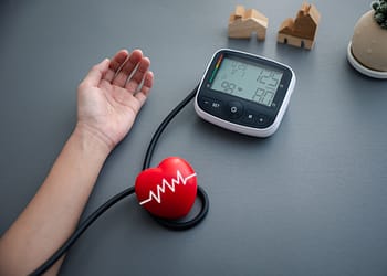 A human arm with hand outstretched next to a digital blood pressure monitor, showing readings of 125 mmHg and 80 mmHg, plus a red heart-shaped device with a pulse line, decorated with small wooden houses and a flower pot in the background.