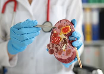 An anatomical model of a human kidney is held by a doctor wearing blue gloves, who uses a forceps to point to a specific part of the kidney, showing the internal anatomy with highlighted structures in red and yellow colors in a clinical setting.