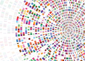 Abstract design with a series of spiral-shaped color patterns, with rectangles and squares in various shades, creating a sense of movement and depth.
