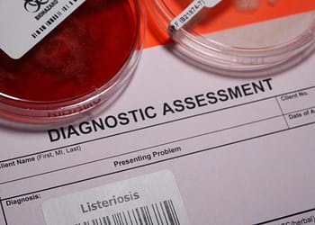 Laboratory sample with culture petri dishes and a diagnostic evaluation form mentioning listeriosis.