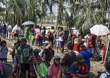 Group of people in line, many with umbrellas, in a tropical setting with palm trees, possibly waiting for help or resources.
