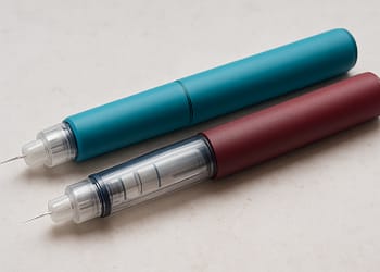 Two colored pens, one blue and one burgundy, placed on a light surface, with tips visible at both ends.