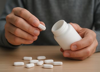 Una persona sostiene un frasco blanco de pastillas mientras se prepara para sacar una pastilla blanca, con más pastillas esparcidas sobre una superficie de madera.