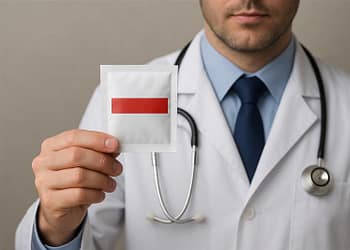 Médico vestido con bata blanca que sostiene un paquete con una etiqueta roja, en un entorno neutral.