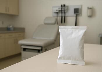Paquete blanco en una mesa dentro de un consultorio médico, con una silla de examen y equipo médico visible en el fondo.