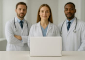 Un grupo de tres profesionales de la salud en bata blanca, con dos hombres a los lados y una mujer al centro, todos de pie detrás de una caja blanca sobre una superficie clara, en un entorno clínico iluminado.