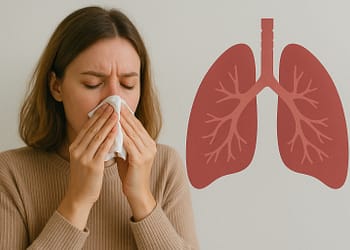Woman with light brown hair holding a tissue in front of her nose and mouth, showing signs of discomfort, next to a lung chart on the wall.