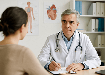 Un médico en bata blanca, con un estetoscopio alrededor del cuello, toma notas mientras escucha a una paciente, con la espalda hacia la cámara. En la pared detrás hay diagramas anatómicos de un cuerpo humano y un corazón.
