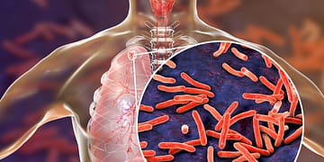 Ilustración médica del torso humano con los pulmones destacados y un primer plano de bacterias rojas sobre un fondo oscuro, representando una infección pulmonar.