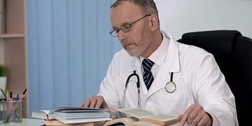 A doctor in a white coat and glasses, with a stethoscope around his neck, studying several open books on a desk, showing a concentrated expression, against a bookshelf and a light wall.
