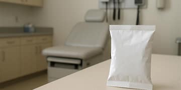 White package on a table inside a doctor's office, with an examination chair and medical equipment visible in the background.