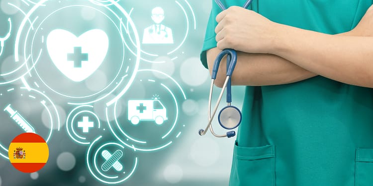 A health professional in a green uniform and a stethoscope, with medical-related icons in the background.