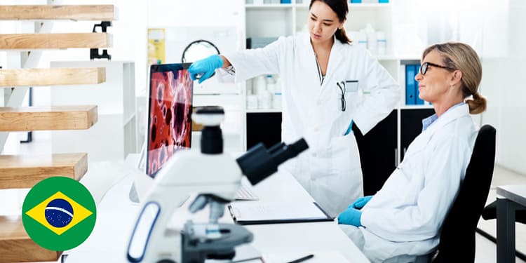 Two female scientists in a laboratory discussing in front of a screen showing microscopic images. One of them is pointing at the screen while the other is watching attentively. On the table there is a microscope and documents.