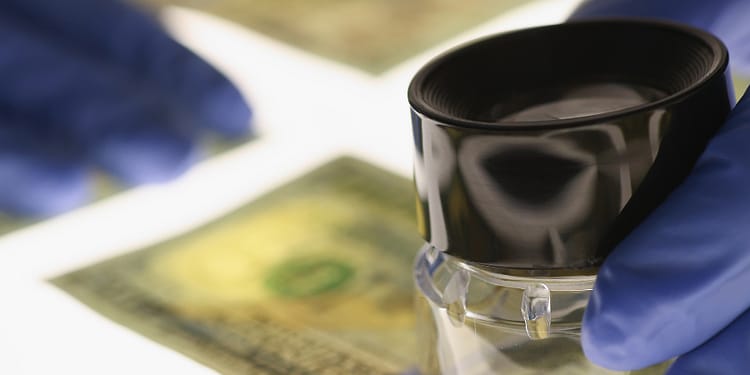 The action of examining dollar bills with a magnifying glass, while wearing latex gloves.