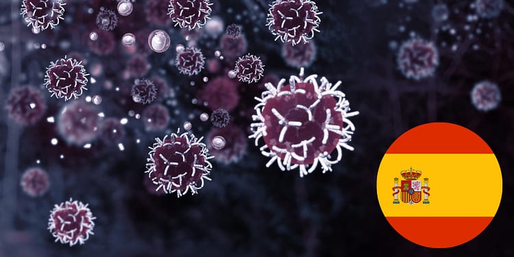Illustration of viral particles floating on a dark background, with bubbles and a flag of Spain in the lower right corner.