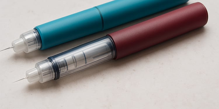 Dos bolígrafos de colores, uno azul y otro burdeos, colocados sobre una superficie clara, con puntas visibles en ambos extremos.