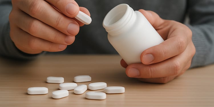 Una persona sostiene un frasco blanco de pastillas mientras se prepara para sacar una pastilla blanca, con más pastillas esparcidas sobre una superficie de madera.