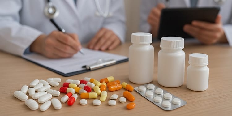 Dos médicos en batas blancas, uno escribiendo en una hoja y el otro sosteniendo una tablet, rodeados de frascos de medicamentos y tabletas sobre una mesa.