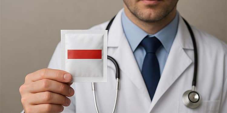 Médico vestido con bata blanca que sostiene un paquete con una etiqueta roja, en un entorno neutral.