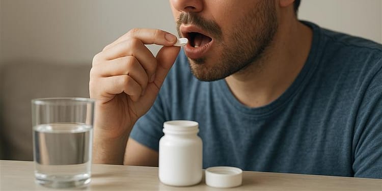 Un hombre con camiseta azul está a punto de tomar una pastilla blanca de un frasco blanco, mientras sostiene un vaso de agua junto a él.
