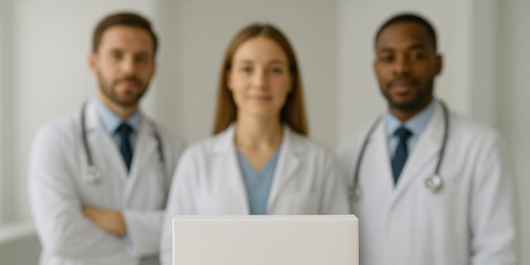 A group of three healthcare professionals in white coats, with two men on either side and a woman in the center, all standing behind a white box on a light-colored surface, in a brightly lit clinical setting.