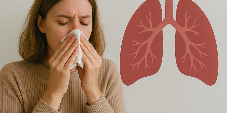 Woman with light brown hair holding a tissue in front of her nose and mouth, showing signs of discomfort, next to a lung chart on the wall.