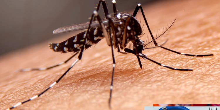 A mosquito feeding on human skin, showing its slender body and transparent wings.