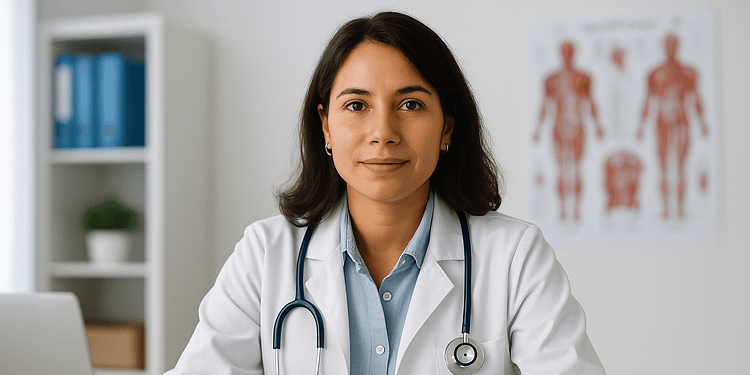 A female medical intern sitting at a desk, with a stethoscope around her neck, looking toward the camera and clasping her hands, with bookshelves and a diagram of the human body in the background.