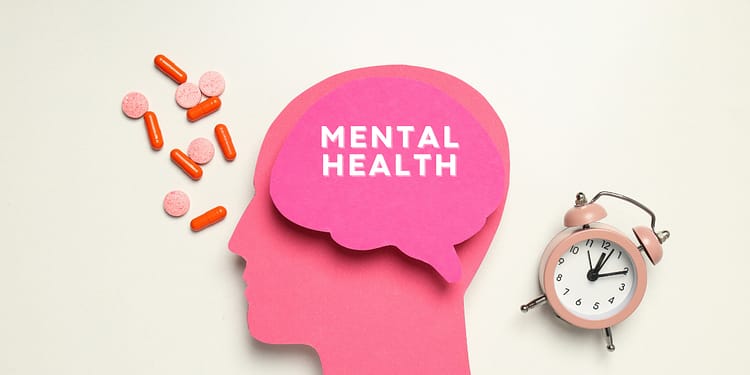 Pink silhouette of a head with a speech bubble that says "MENTAL HEALTH", accompanied by colored pills and a pink alarm clock.