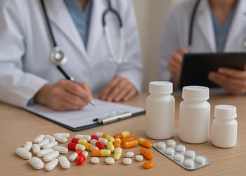 Dos médicos en batas blancas, uno escribiendo en una hoja y el otro sosteniendo una tablet, rodeados de frascos de medicamentos y tabletas sobre una mesa.