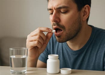 Un hombre con camiseta azul está a punto de tomar una pastilla blanca de un frasco blanco, mientras sostiene un vaso de agua junto a él.
